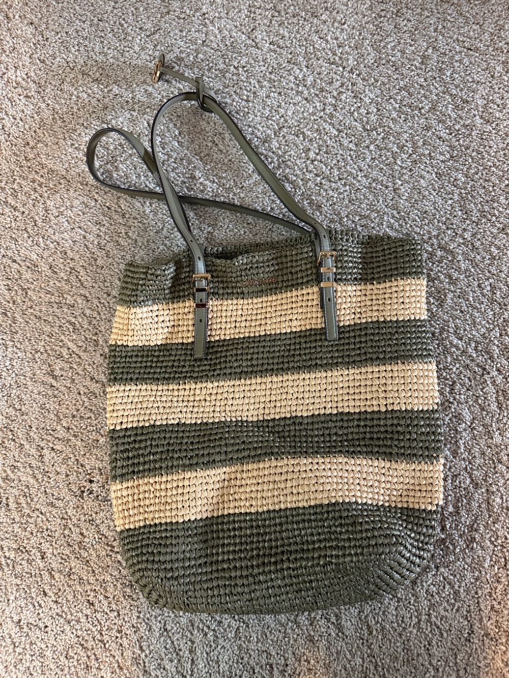 Michael Kors Olive and Cream Striped Woven Tote